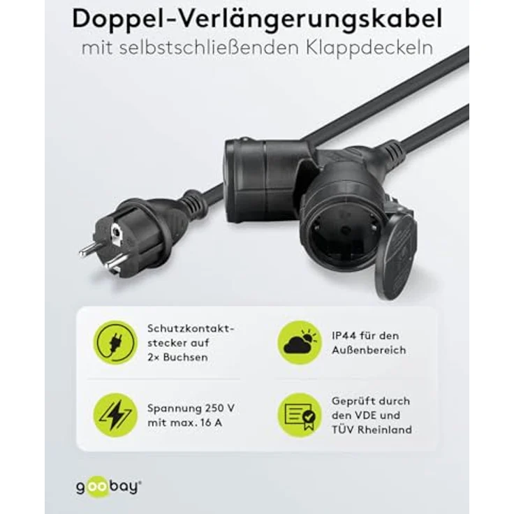 goobay 65435 Outdoor Doppel-Verlängerungskabel, 2 Schuko-Steckdosen mit Schutzklappen (IP44), 10m, 3680 W bei 250 V (AC), 16 A – Bild 2