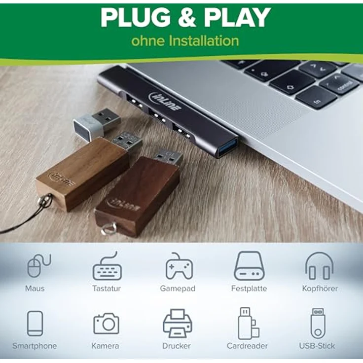 InLine Slim USB-C Hub mit 4 USB-A Ports, 1x USB 3.2 Gen.1, 3X USB 2.0, kompakt, ideal für Maus, Tastatur & USB-Sticks, 33203N – Bild 5