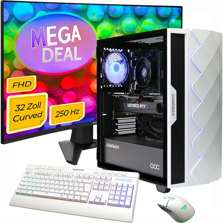 GAMEMAX Gaming-PC Diamond WT 7798 mit Ryzen 7 5700X, 16GB RAM, 1TB SSD, RTX 5060 und MSI MAG 32C6X Curved 32" Monitor, Windows 11