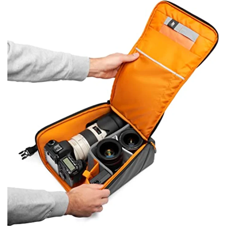 Lowepro GearUp Creator Box Extra-Large II, Spiegellose und DSLR-Kameratasche, Kameratasche mit QuickDoor-Zugang, Hergestellt aus Recyclingmaterial, Orange Gepolsterte Innenfächer, Grau – Bild 5