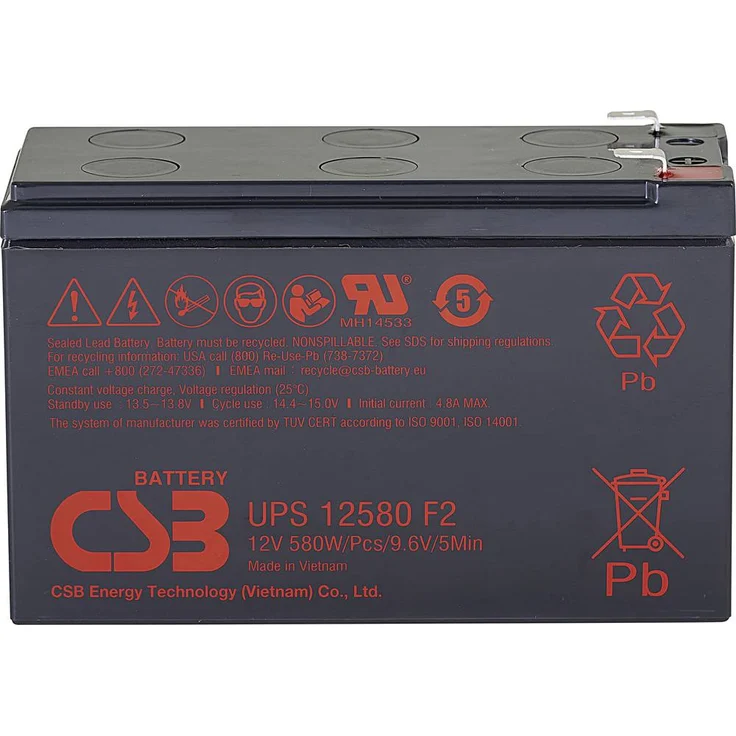 CSB Battery UPS 12580F2, Blei-Akku 12V 9.4Ah für hohe Effizienz, AGM-Technologie, (B x H x T) 151 x 99 x 65mm, Flachstecker 6.35mm