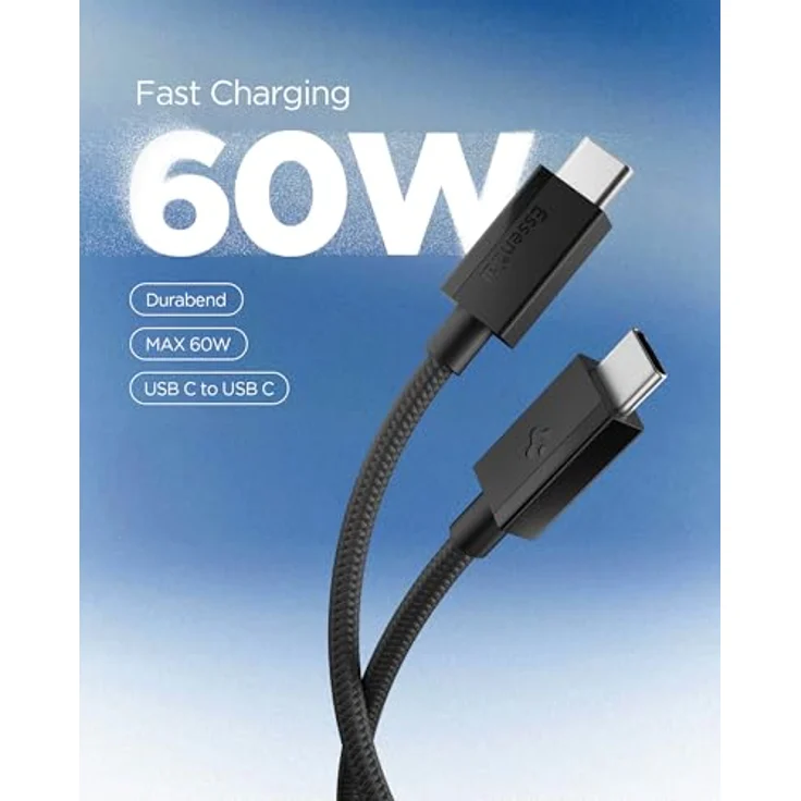 Spigen Essential USB C to USB C 60W Fabric Cable, 1.5m, schwarzes, langlebiges Lade- und Datenkabel mit Schutzmechanismen – Bild 2