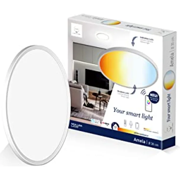tint Smarte LED-Deckenleuchte AMELA - Dimmbare Deckenlampe mit weißem Licht 1800-6500 K - Ø 30 cm - Steuerbar per Bluetooth, Alexa oder Fernbedienung