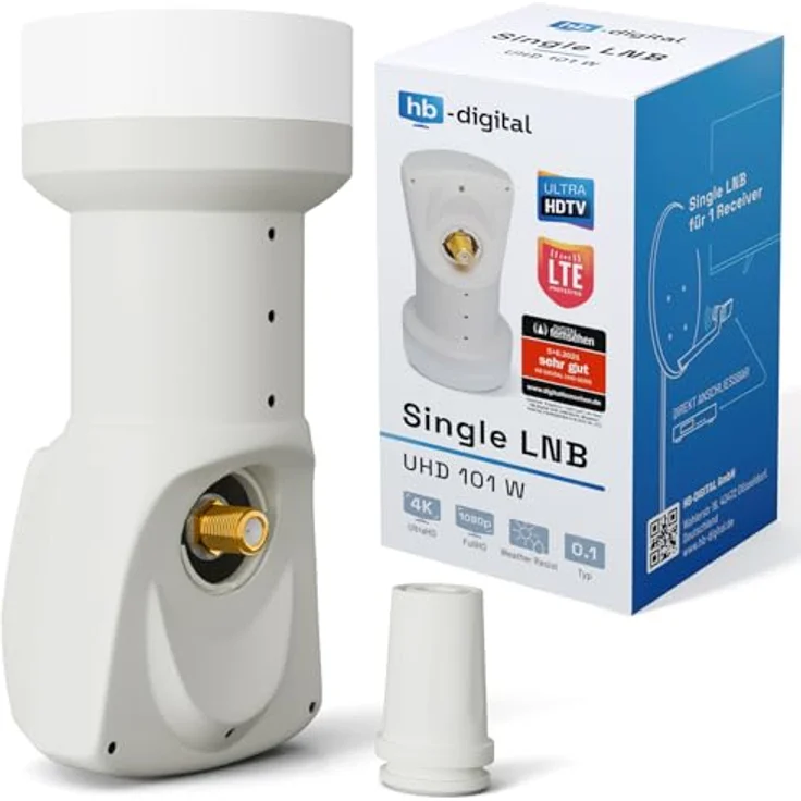 HB-DIGITAL Single LNB, LTE Protected für 1 Teilnehmer, Full HD 3D 4K UHD, vergoldete Kontakte, Weiß – Bild 1