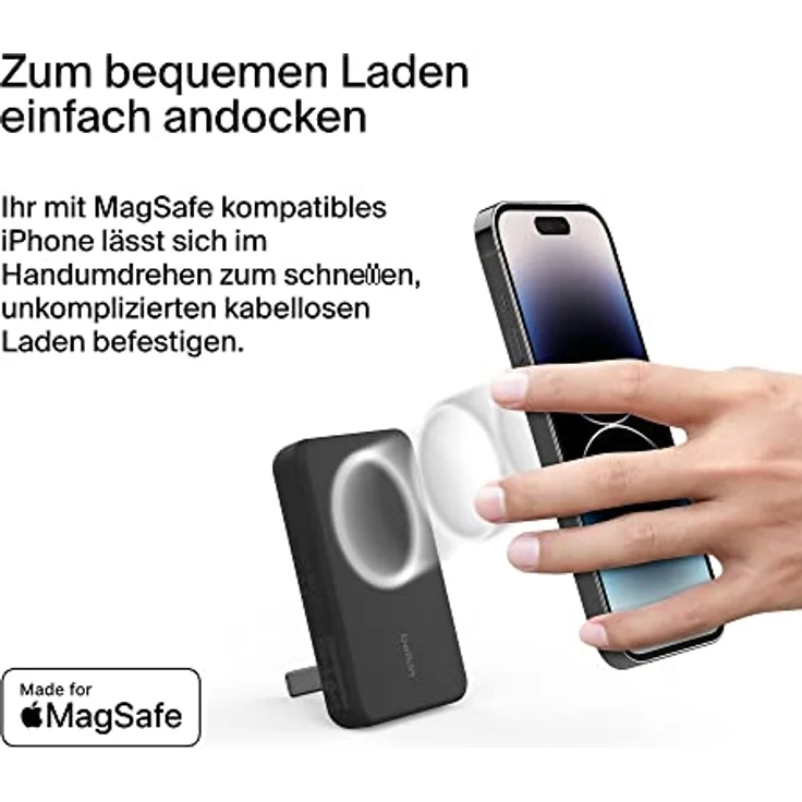 Belkin magnetische 5000-mAh-Powerbank, externer Handy-Akku, kompatibel mit MagSafe, mit Passthrough-Ladefunktion und Ständer, 7,5 W Ausgang, 10 W Eingang, kompatibel mit iPhone 15, 14, 13 – Schwarz – Bild 2