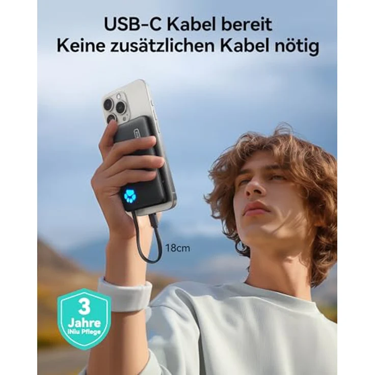 INIU Power Bank, Minigröße 20W 10000mAh PowerBank mit Integriertem USB-C Kabel, PD3.0 QC4.0 USB C In&Out, Externer Handyakku für iPhone 16 15 14 13 12 Pro Max Mini Samsung S23 iPad – Bild 2