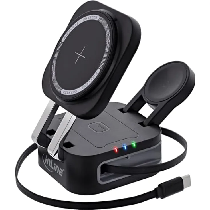 InLine 3in1 Wireless Charger 33392T, MagSafe-kompatibles, faltbares Qi-Ladegerät mit 15W Schnellladung für iPhone, Apple Watch, Kopfhörer, integriertes USB-C-Kabel