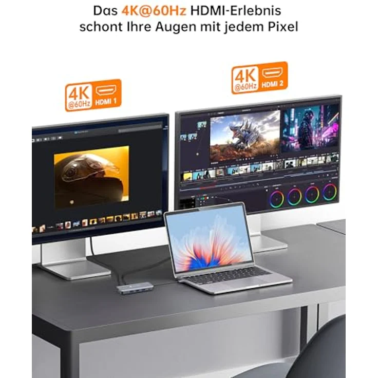 NOVOO Docking Station 4K@60Hz Triple Display USB C Hub, Dual HDMI & 4K@120Hz DisplayPort, Gigabit Ethernet, 100W PD, SD/TF, 4xUSB für MacBook und andere USB C Laptops – Bild 4
