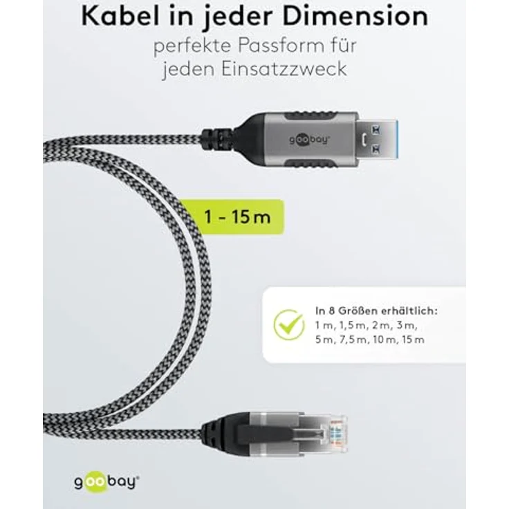 Goobay Ethernet-Kabel USB-A 3.0 auf RJ45 Slim, 7.5 m, CAT 6, bis 1 Gbit/s, schwarz-silber – Bild 5