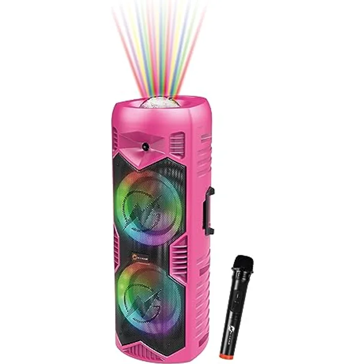 N-Gear Let's Go Party 5150 Rosa - Tragbarer Bluetooth Lautsprecher - drahtloser 200 Watt Karaoke Partybox mit licht und integriertem Mikrofon - 5 Stunden Spielzeit