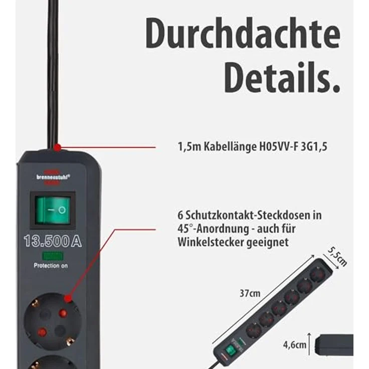 Brennenstuhl Steckdosenleiste 6-Fach mit 1,5m Kabel, Überspannungsschutz, anthrazit – Bild 4