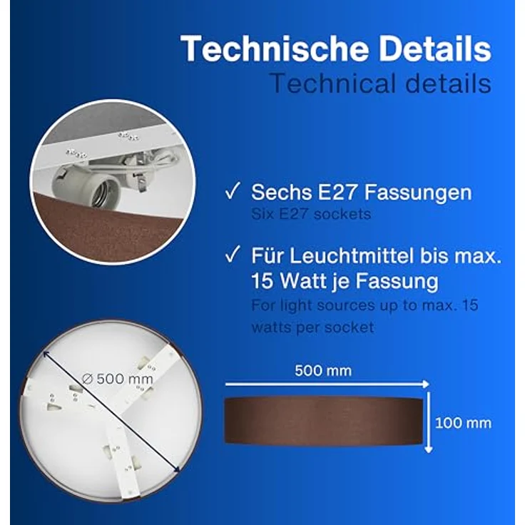 REV Deckenleuchte - Deckenlampe rund 50cm mit Stoff-Lampenschirm im Vintage-Look, braun - Ideal für Schlafzimmer & Wohnzimmer – Bild 5