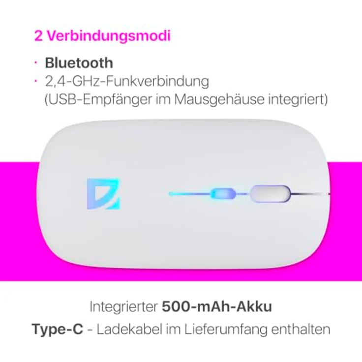 Defender Touch MM-997, Wiederaufladbare Bluetooth & 2,4 GHz Maus mit Silent Click, 1600 DPI, Ultra Slim Design, Weiß – Bild 2