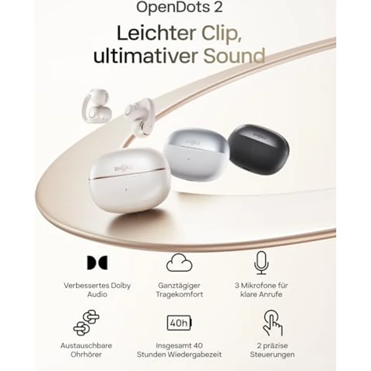 SHOKZ OpenDots 2, Open-Ear Clip-On Earbuds mit Dolby Audio, 40 Std. Laufzeit, Bluetooth 6.1, IP57 wasserdicht, 3 Mikrofone für klare Anrufe, kabelloses Laden, Schwarz – Bild 2