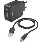 Hama Schnellladegerät, mit Ladekabel USB C, 19,5W (Set, Qualcomm Quick Charge 3.0, USB Ladegerät, für Handy, Smartphone, Tablet, Power Pack, Ladekabel Typ C Ladegerät, schnellladen, klein) schwarz