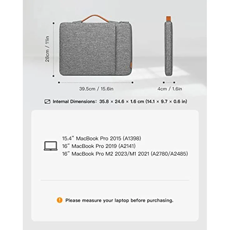 Inateck 360° Rundumschutz 16 Zoll Laptophülle Tasche Kompatibel 16 MacBook Pro M3/M2/M1 Pro/Max A2991 2023-2019, 15 MacBook Pro 2013–2015, MateBook D15, 15 Surface Laptop 3/Surface Book 2, Grau – Bild 2