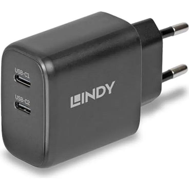 Lindy 65W USB 2 x Type C GaN Charger mit EU-Stecker, kompaktes und leistungsstarkes USB Ladegerät, Schwarz