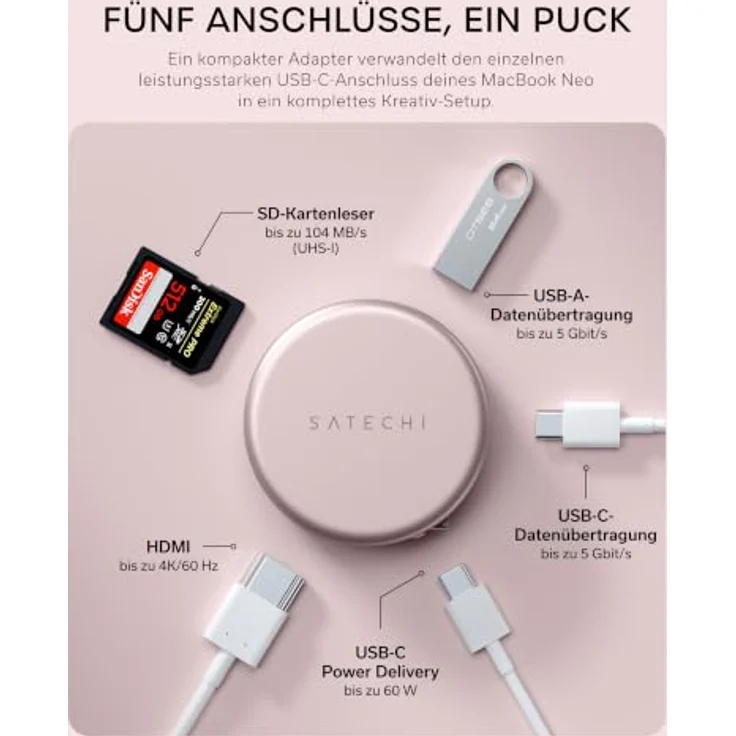 SATECHI USB-C Hub OntheGo™ 5-in-1, HDMI 4K@60 Hz, 60 W Passthrough-Laden, Rosa – Bild 2