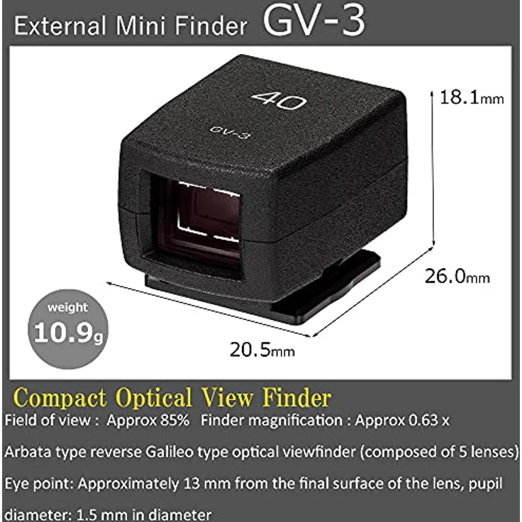 Ricoh Externer Mini-Sucher GV-3 Kompatible Modelle: Ricoh GR IIIx Optischer Sucher mit 40 mm Bildwinkel, der auf dem Blitzschuh befestigt Wird Sichtfeld ca. 85% 37828 – Bild 2