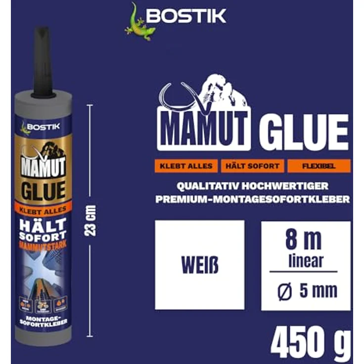 BOSTIK MAMUT GLUE Weiß - Hybrid-Universalklebstoff, Flexibler Montage-Sofortkleber auf Alle Materialien, Für Innen und Außen sowie unter Wasser und unter Extremsten Witterungsbedingungen, 450g – Bild 2