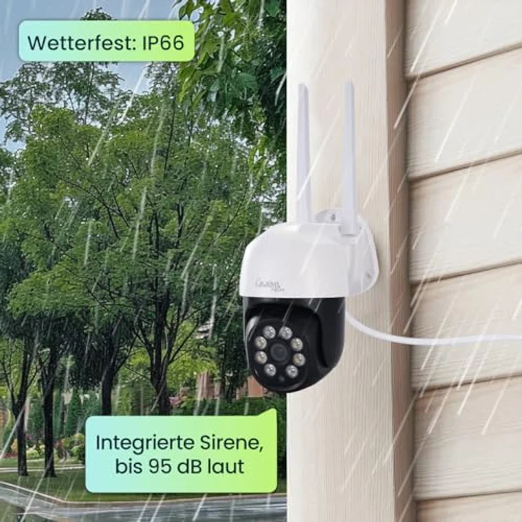 Casativo WLAN Outdoor Überwachungskamera 2K, IP66 wetterfest, Pan-Tilt, intelligente Personenerkennung, Nachtsicht in Farbe, 95 dB Sirene – Bild 3