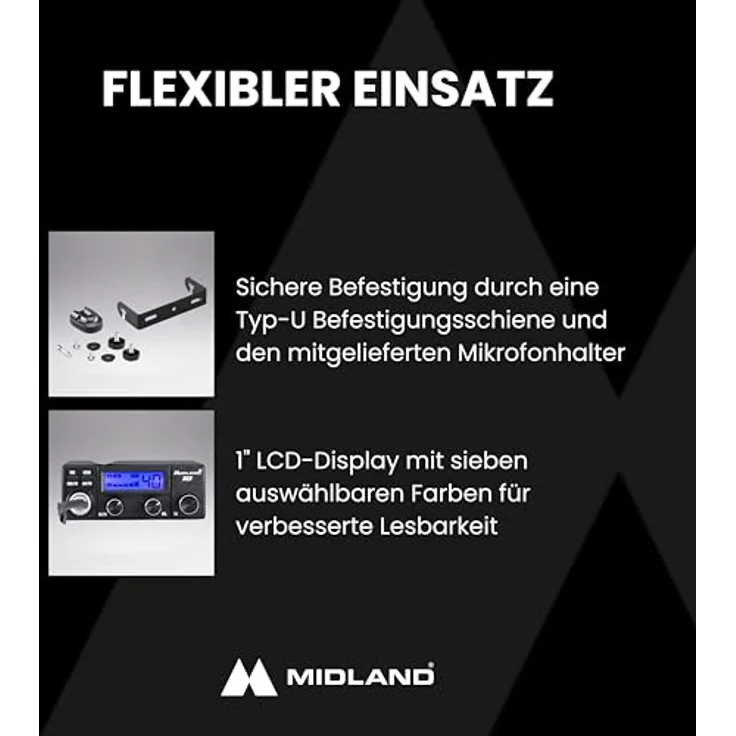 Midland CB-Fahrzeugfunkgerät MIDLAND 18, 4 W Leistung, digitales Rauschsperrensystem, mehrfarbiges Display, Zigarettenanzünderanschluss – Bild 4