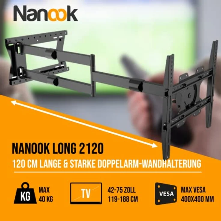 Nanook 2120 Langarm-TV-Wandhalterung für 42-75-Zoll-Fernseher, Extra langer Auszug bis zu 120 cm, Starke vollbewegliche TV-Halterung, Belastbarkeit bis 40 kg, Schwenkbar bis zu 180°, Max. VESA 400x400 – Bild 2