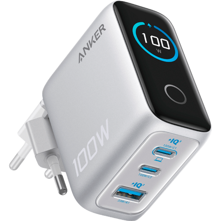 Anker Dual USB-C + USB-A Schnellladegerät 100W, Silber mit Kabel