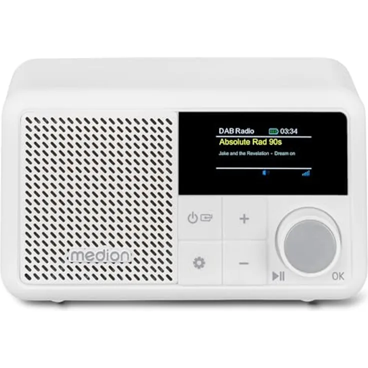 MEDION S66822 Tragbares Mini DAB+ Radio mit Bluetooth (Akku, dimmbares Farbdisplay, Teleskopantenne, Sleeptimer,Wecker, Snooze, AUX, USB-C) weiß