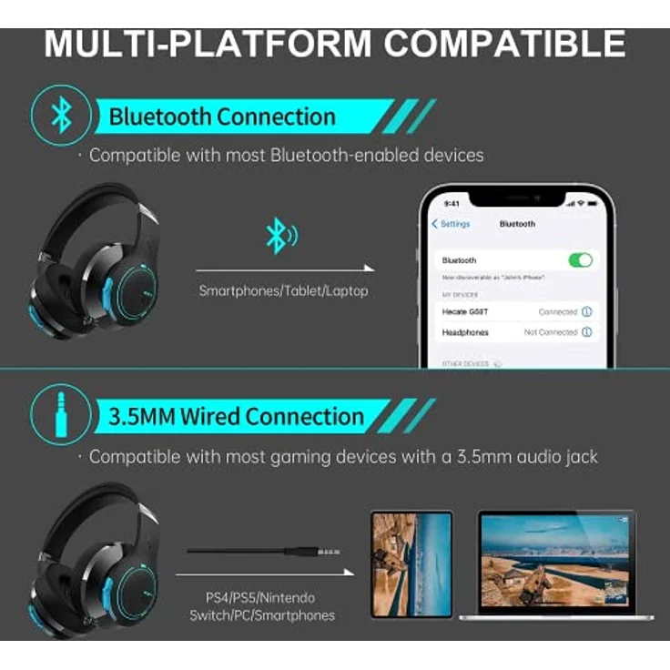 Edifier HECATE G5BT Kabelloses Gaming Headset, 36H Akku, Einziehbar Dual-MIC ENC, Over-Ear Kopfhörer Weiche Form-Ohrpolster, Hi-Res Audio, H+ Sound, RGB-Licht, für PC PS4 PS5 Phone Switch – Bild 2