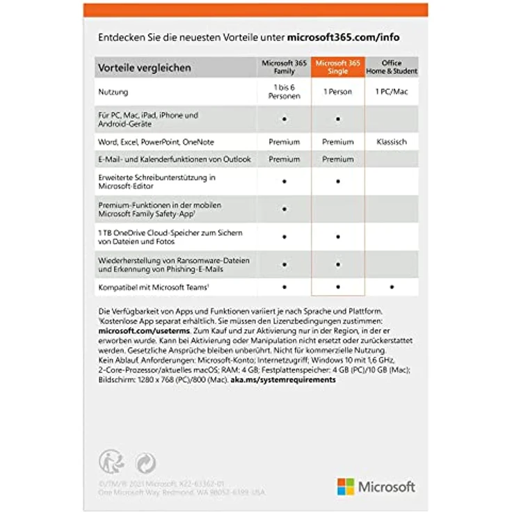 Microsoft 365 Single (inkl. Microsoft Defender) | 1 Nutzer | Mehrere PCs/Macs, Tablets und mobile Geräte | 1 Jahresabonnement | Box – Bild 2