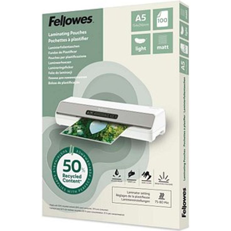 Fellowes Laminierfolien A5, 50% recycelter Anteil, matt, 75-80 micron, 100 Stück