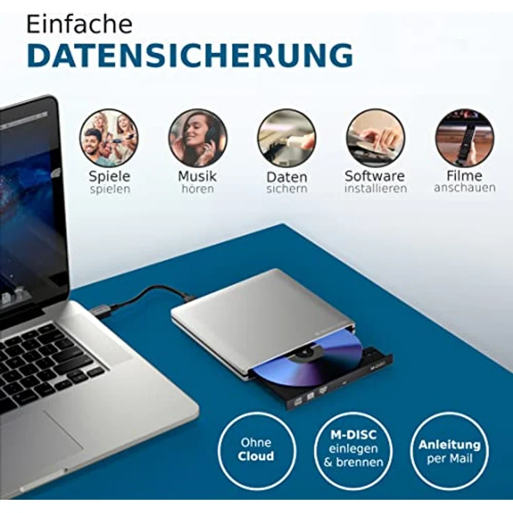 techPulse120 USB 3.1 Type C M-Disc externer DVDRW CDRW Brenner Writer Alu Silber Burner Superdrive Laufwerk DVD CD Ultra Slim für Computer Notebook Ultrabook Windows 10 Mac OS Apple iMAC MacBook – Bild 3