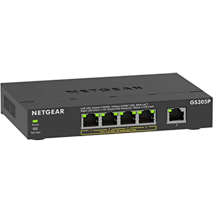 NETGEAR 5-Port Gigabit Ethernet Unmanaged PoE+ Switch (GS305P): mit 4 PoE+ bei 63 W, Desktop- oder Wandbefestigung in Schwarz