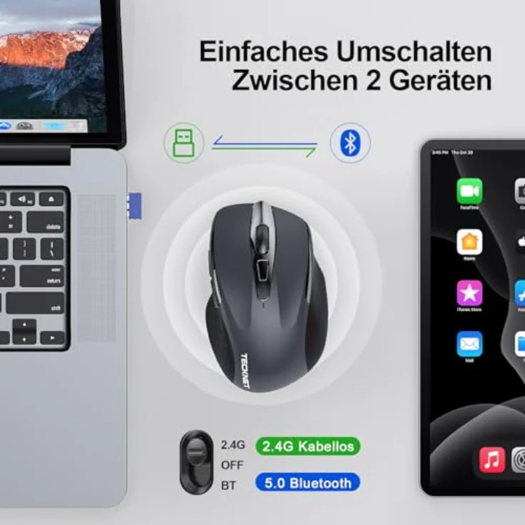 TECKNET Bluetooth Maus M280, kabellos, 4800 DPI, ergonomisch, Tri-Modi (BT 5.0/3.0 + 2.4G), 30 Monate Batterielaufzeit, leise, kompatibel mit Windows, Mac OS und Android – Bild 2