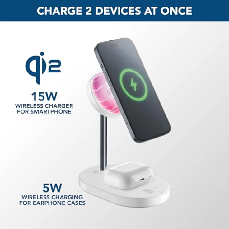 Cellularline MAG Duo, 2in1 Magnetische Wireless-Ladestation mit Qi2-Zertifizierung, Bis zu 15W für Smartphones und 5W für Kopfhörer, Vertikal und Horizontal, Elegantes Design – Bild 2