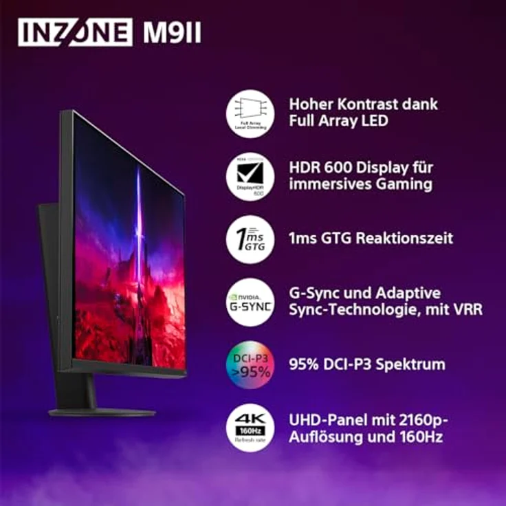 Sony INZONE M9II 27" 4K Ultra HD PC Gaming Monitor: 2160p Auflösung - 160Hz Bildwiederholfrequenz - 1ms GTG - DCI-P3 95% Spektrum - Full Array LED - G-Sync - Adaptive Sync - VRR, Schwarz – Bild 2