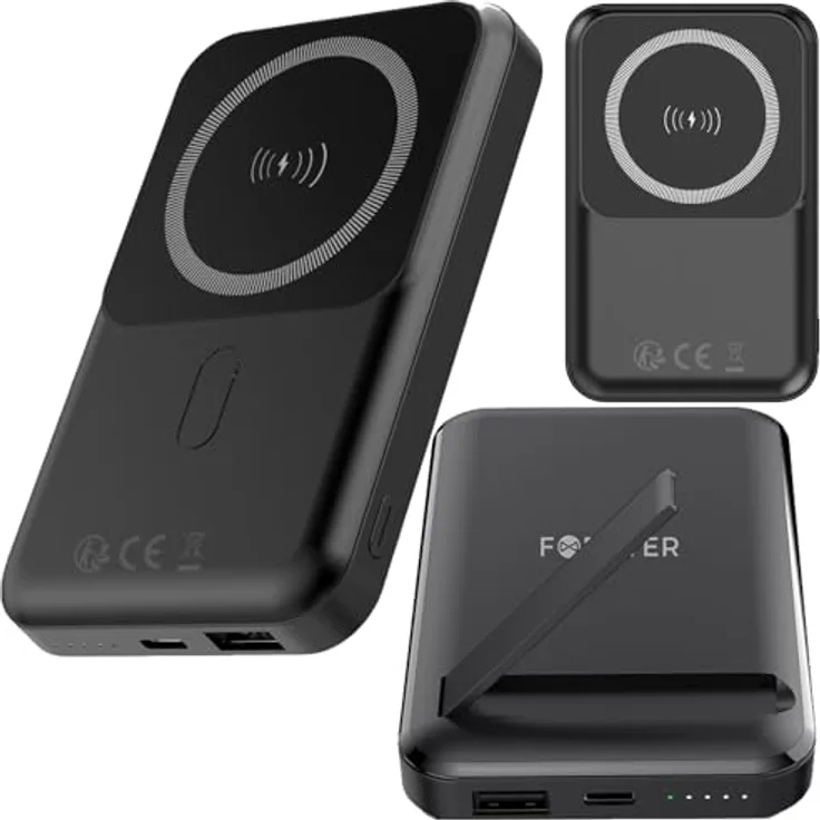 FOREVER MATB-100 Powerbank, kabelloses Laden mit 10.000 mAh, PD Power Delivery & QC Quick Charge, elegant schwarz, mit LED-Anzeige und Magnetgriff