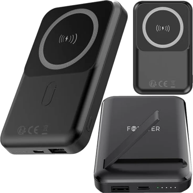 FOREVER MATB-100 Powerbank, kabelloses Laden mit 10.000 mAh, PD Power Delivery & QC Quick Charge, elegant schwarz, mit LED-Anzeige und Magnetgriff – Bild 1