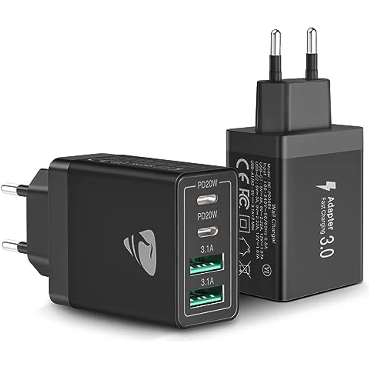 Aioneus 2-Pack USB C Ladegerät, 40W 4-Port Adapter mit PD 3.0, Schnellladegerät für iPhone und Samsung, Weiß