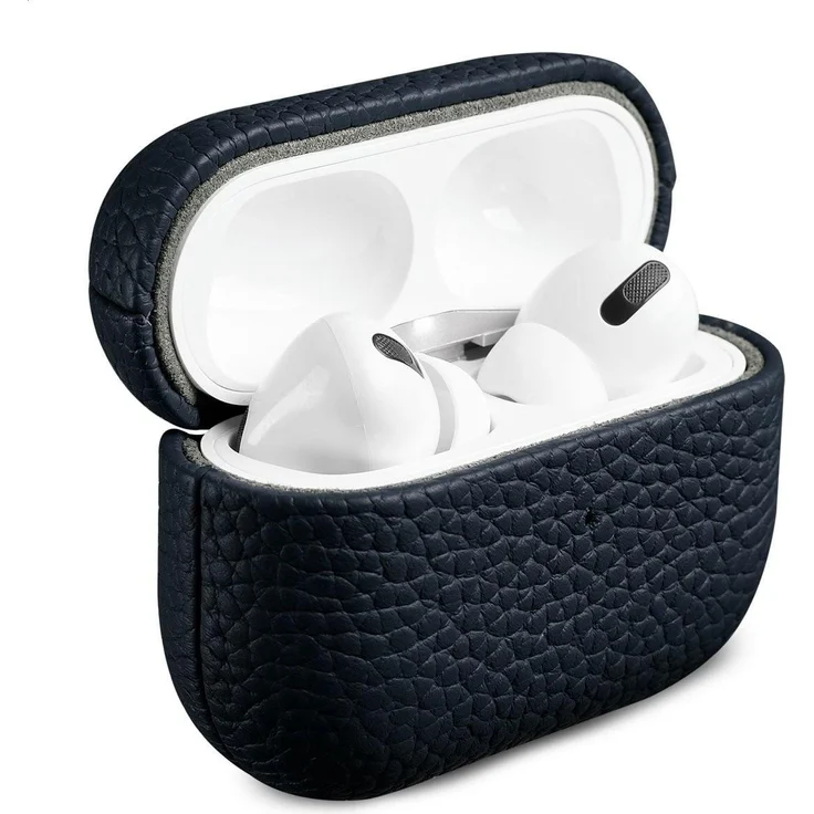Accezz Echt Lederen Case für AirPods Pro 2, Dunkelblaue Schutzhülle aus hochwertigem Leder mit elegantem Design