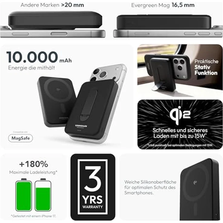 VONMÄHLEN Evergreen Mag Kickstand, 10.000 mAh Qi2-Powerbank mit 15W kabellosem Laden, 20W USB-C, integriertem Standfuß, LCO-Akku, 3 Jahre Garantie - Schwarz – Bild 3