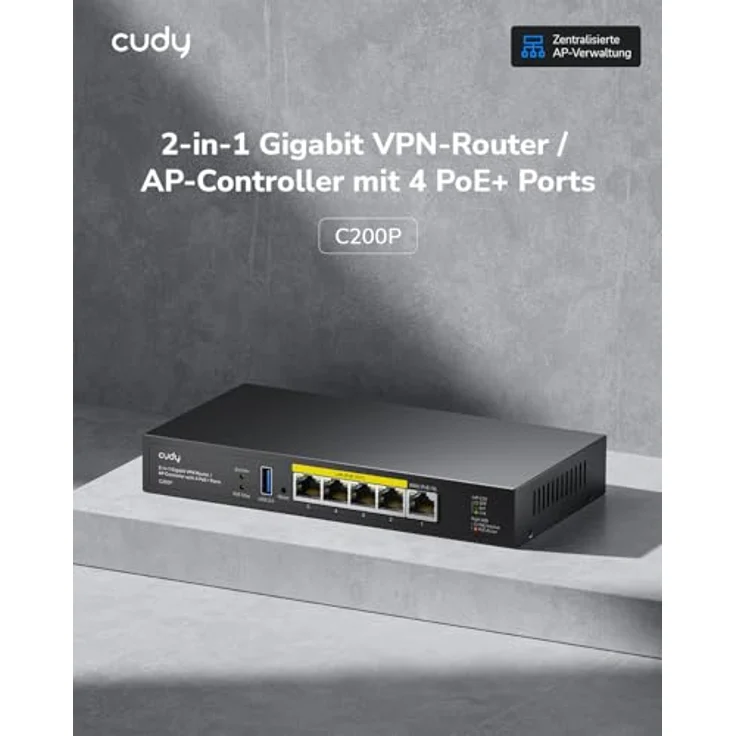 Cudy C200P Hardware-AP-Controller und VPN-Router, 200APs, PoE/DC-betrieben, Captive Portal, USB 3.0-Anschluss, intelligenter Netzwerkmonitor – Bild 2