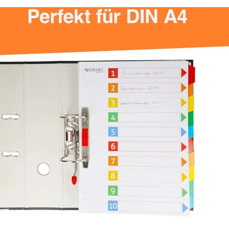 WESTCOTT Aktenordner Register für Ordner Din A4, 10 beschreibbare Tabs, 5 Farben, Robuste 160g/m², Eurolochung – Bild 2