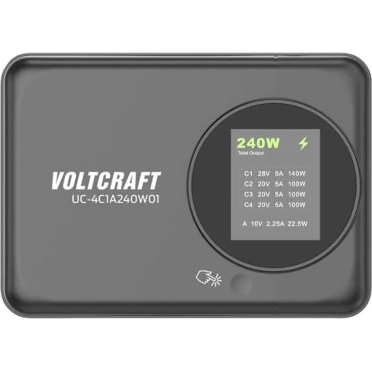 Voltcraft UC-4C1A240W01 USB Ladestation, 240 W mit 4 x USB-C, 1 x USB-A, Schwarz, GaN-Technologie, USB PD 3.0, Schnellladefunktion – Bild 3