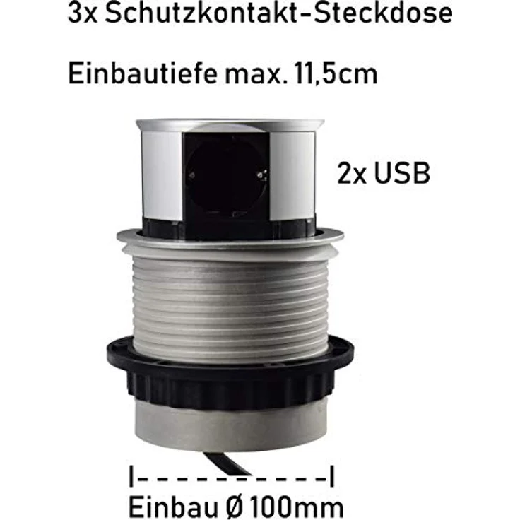 Versenkbare Steckdose Edelstahl mit 3X Steckdosen 2X USB I Einbausteckdose mit 150cm Kabel 230V für Küche, Schreibtisch, Arbeitsplatten – Bild 4