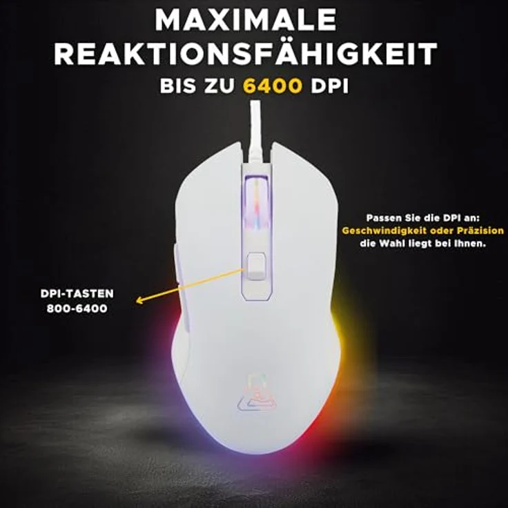 THE G-LAB Kult Helium, USB-Gaming-Maus mit Kabel, optischer Sensor 800 bis 6400 DPI, 7 farbige LED, 6 Tasten, leicht und bequem – Weiß – Bild 2