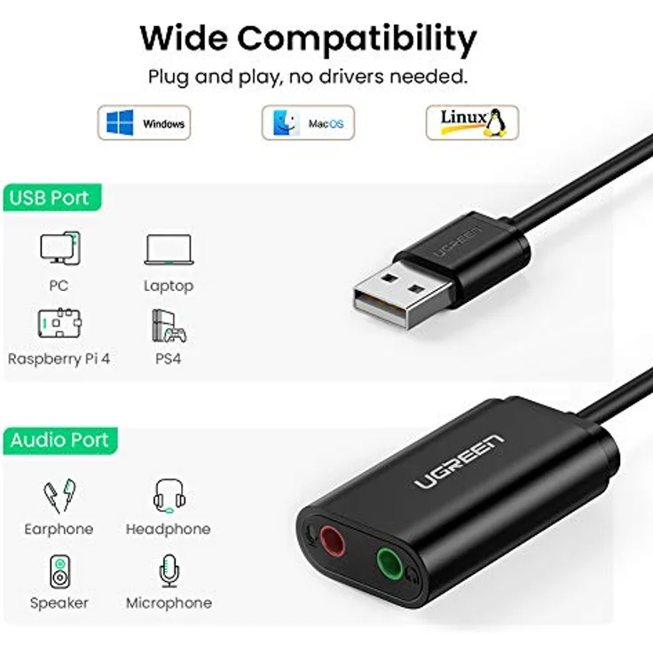 UGREEN USB-A to 3.5mm External Stereo Sound Adapter Black 15cm – Bild 2