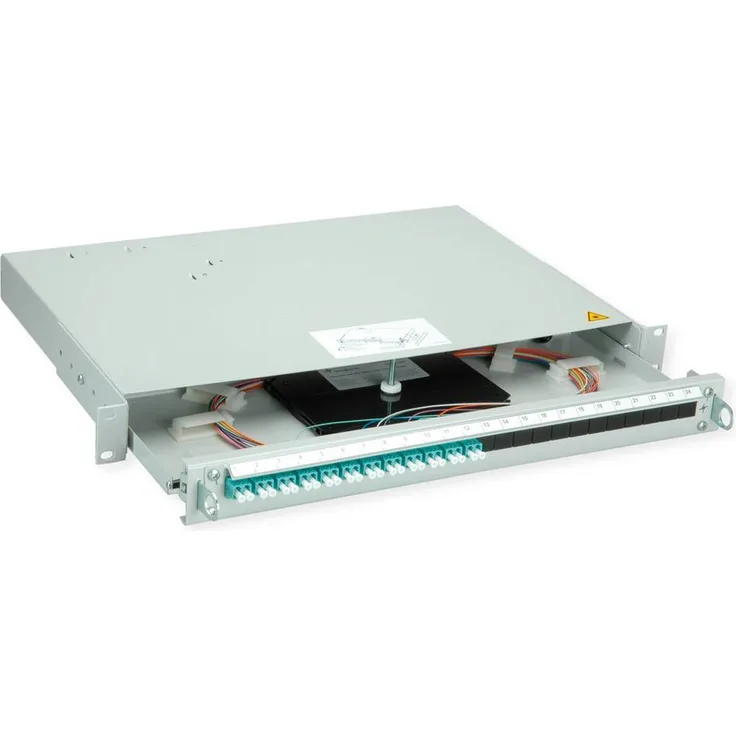 Telegärtner PROFI V LWL-Panel, 1HE mit 12x LC Duplex Kupplungen und Pigtails, türkis, OM3, Grade B