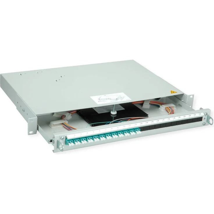 Telegärtner PROFI V LWL-Panel, 1HE mit 12x LC Duplex Kupplungen und Pigtails, türkis, OM3, Grade B